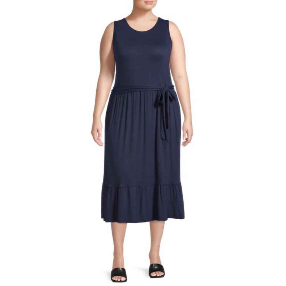 Sleeveless Belted Midi Dress Pockets Dark Navy Sz 0X NWT